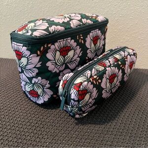 2 Vera Bradley Ultralight Cosmetic Makeup Tolietry Bag Cases Lotus Flowers Green